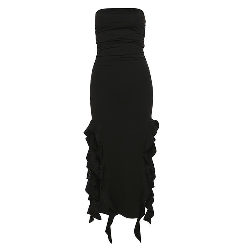 Solid Ruffle Ribbon Backless Midi Dress