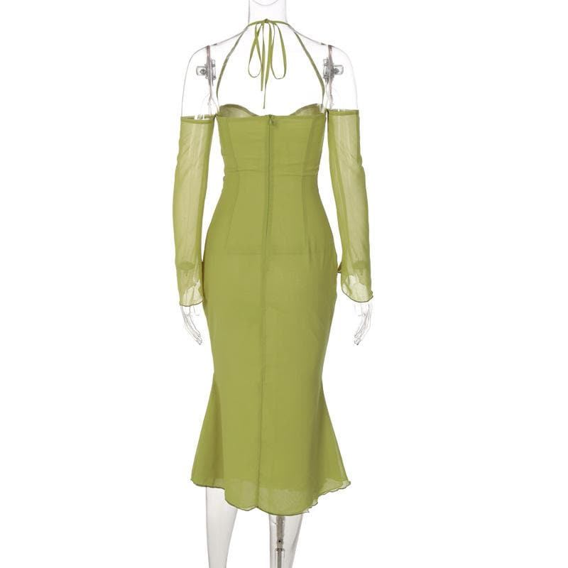 Low Cut Off Shoulder Flared Sleeve Midi Dress