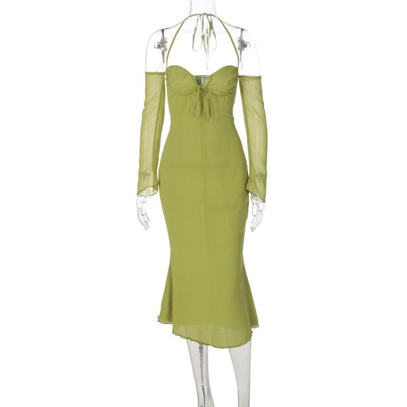 Low Cut Off Shoulder Flared Sleeve Midi Dress