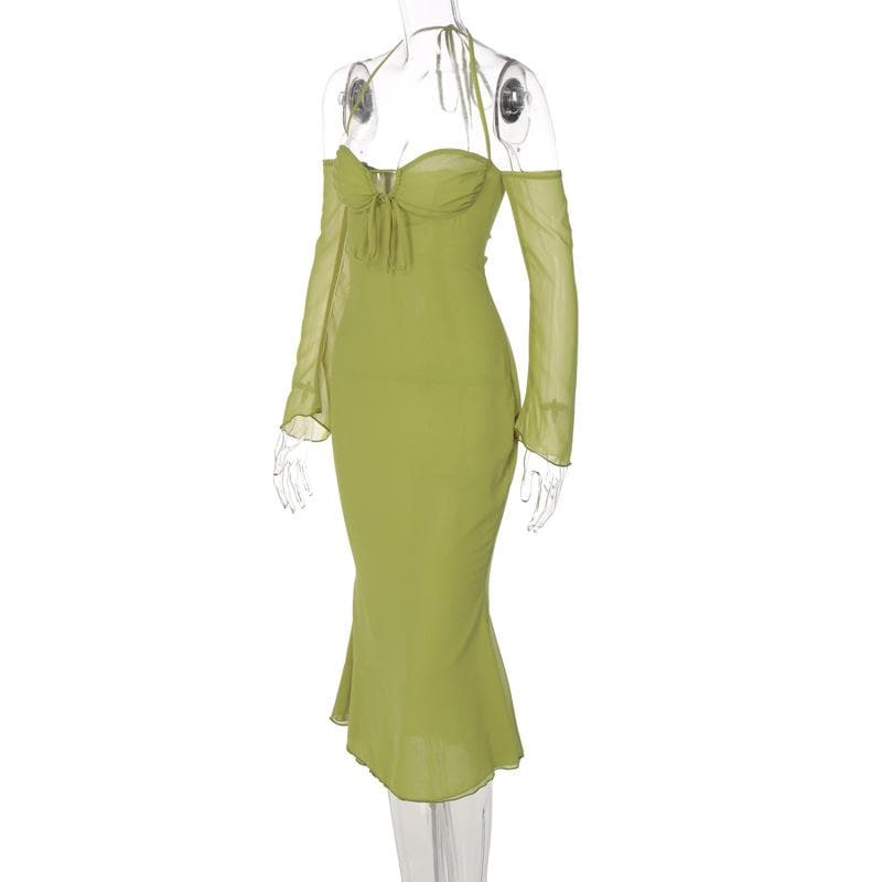 Low Cut Off Shoulder Flared Sleeve Midi Dress