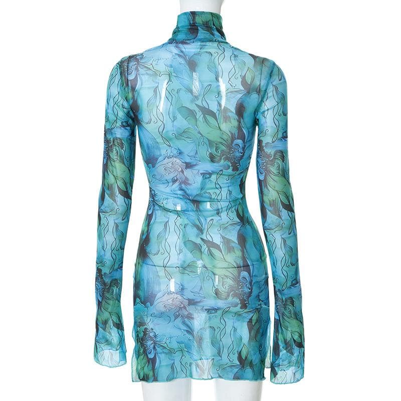 Sheer mesh see through print long sleeve mini dress