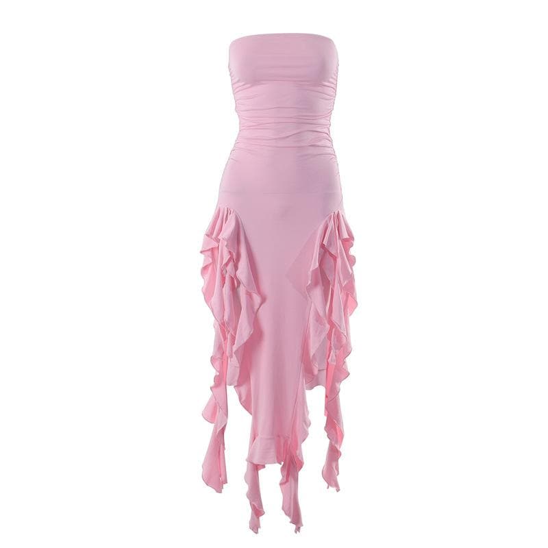 Solid Ruffle Ribbon Backless Midi Dress