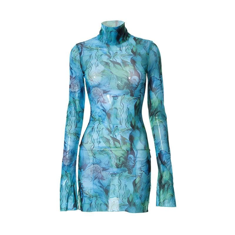 Sheer mesh see through print long sleeve mini dress
