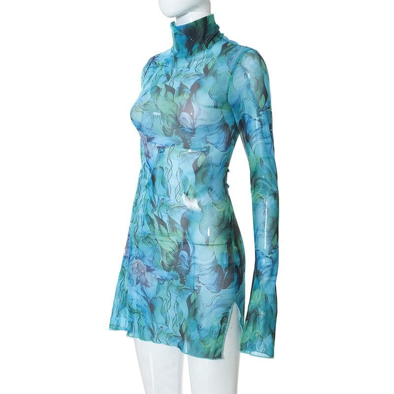 Sheer mesh see through print long sleeve mini dress