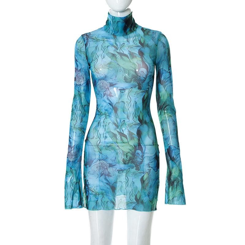 Sheer mesh see through print long sleeve mini dress