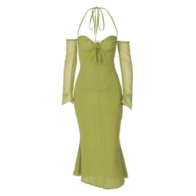 Low Cut Off Shoulder Flared Sleeve Midi Dress